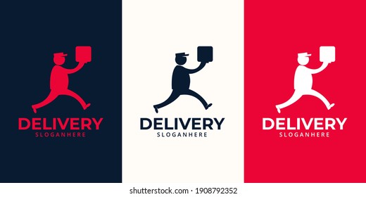 Plantilla de diseños de logotipos de entrega. Ilustración vectorial gráfico de la entrega hombre de la caja contención concepto de diseño del logo. Perfecto para el logotipo de negocios, servicio de entrega, diseño del logotipo de Delivery express.  