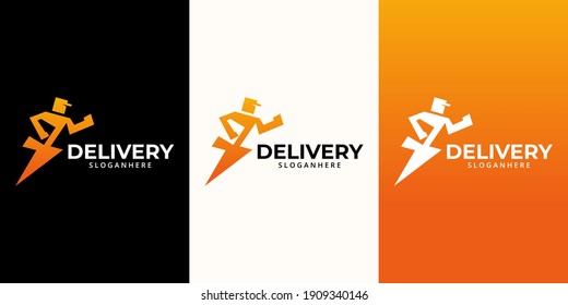 Delivery  Logo designs Template. Illustration vector graphic of  thunder with delivery man courier holding  box  logo design concept. Perfect for,Delivery service, Delivery express logo design.  