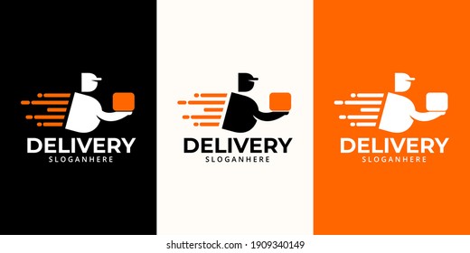Delivery  Logo designs Template. Illustration vector graphic of  delivery man courier holding  box  logo design concept. Perfect for business logotype,Delivery service, Delivery express logo design.  