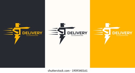 Plantilla de diseños de logotipos de entrega. Ilustración vectorial gráfico del trueno con el concepto de diseño del logo de la caja portadora del mensajero de reparto. Perfecto para,Servicio de entrega, Diseño de logotipo de entrega express.  