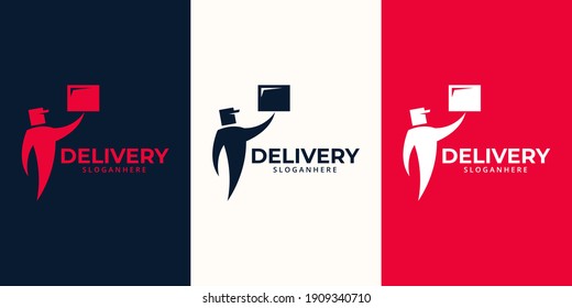 Plantilla de diseños de logotipos de entrega. Ilustración vectorial gráfico de la entrega hombre de la caja contención concepto de diseño del logo. Perfecto para el logotipo de negocios, servicio de entrega, diseño del logotipo de Delivery express.  