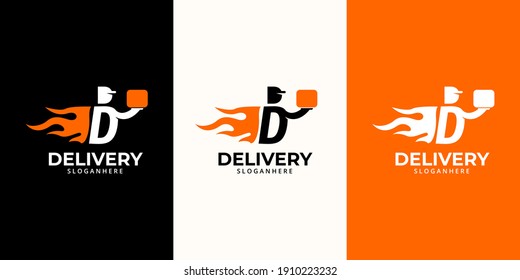 Delivery  Logo designs Template. Illustration vector graphic of  letter D with delivery man courier holding  box  logo design concept. Perfect for Delivery service, Delivery express logo design.  