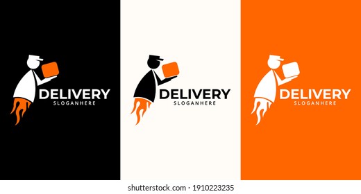 Delivery  Logo designs Template. Illustration vector graphic of  rocket with courier holding  box  logo design concept. Perfect for Delivery service, Delivery express logo design.  