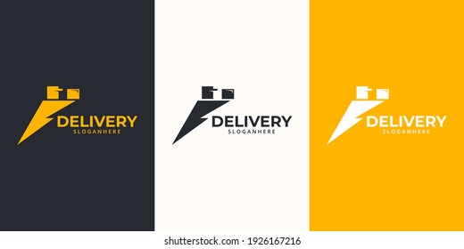 Delivery Logo designs Template. Illustration vector graphic of thunder with delivery man courier holding box logo design concept. Perfect for,Delivery service, Delivery express logo design.