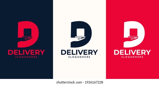 Plantilla de diseños de logotipos de entrega. Ilustración vectorial gráfico de la letra D con el concepto de diseño del logotipo de la caja de retención manual. Perfecto para el servicio de entrega, diseño de logotipo de entrega exprés.