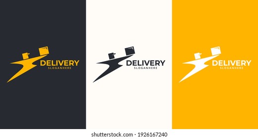 Delivery Logo designs Template. Illustration vector graphic of thunder with delivery man courier holding box logo design concept. Perfect for,Delivery service, Delivery express logo design.