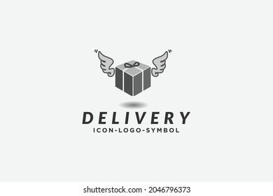 delivery logo icon design, flying box or parcel with wing , cargo shipping drop ship vector graphic logo design illustration