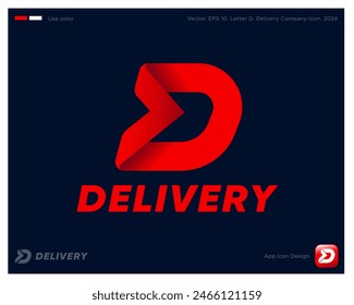 Delivery logo, Letter D from red paper strip or ribbon. Corporate Style, Business Card.  Identity. Using colors and app icon. 