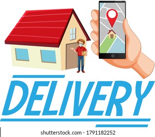 Delivery logo with delivery man and hand using smart phone illustration