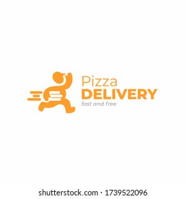 Delivery logo template. Delivery man holding pizza boxes icon. Pizza guy vector logo.