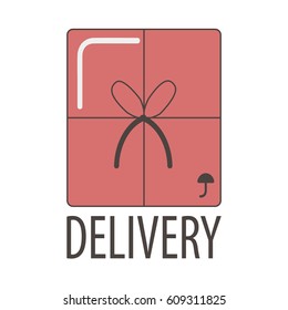 Plantilla de logotipo de entrega para la empresa de logística de post o servicio de envío expreso de correo de la tienda de Internet. Símbolo vectorial de la caja de regalo o de la parcela con corbata de arco y marca de paraguas frágil