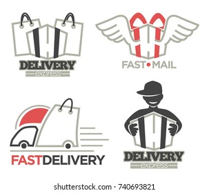 Delivery logo templates set for post mail, food or onlne shop express delivery service.