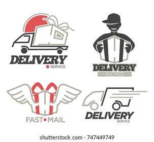 Delivery logo templates set for post mail, food or onlne shop express delivery service.