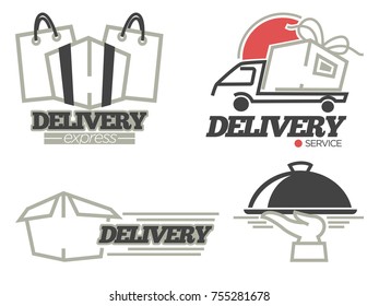 Delivery logo templates set for post mail, food or onlne shop express delivery service. Vector isolated icons set of delivery man with gift box, shopping bag, car truck and fast wings