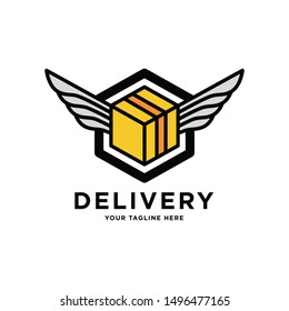 Delivery logo. Transport Logistic or Delivery Logo Template. Box and Wings. Express moving icon for courier delivery or transportation and shipping service. Delivery service logotype.