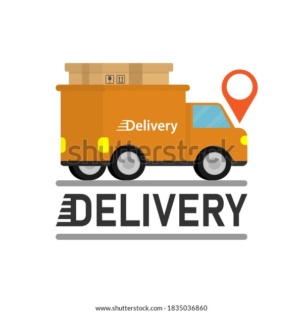 Delivery logo. Truck cargo box with delivery text under.\
Transportation concept. Shopping online concept. Vector symbols and\
icon. 