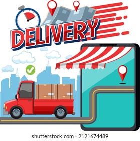 Delivery logotype with pickup car and smartphone illustration