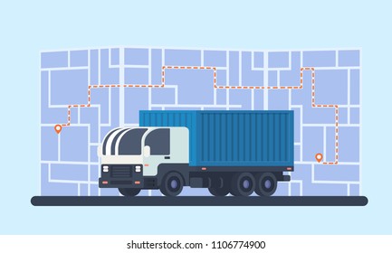 Delivery lorry car with map, route transportation and geolocation marker. Truck for transportation. Logistics delivery service.