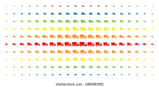 Delivery lorry icon spectrum halftone pattern. Vector delivery lorry items are organized into halftone array with vertical spectral gradient. Designed for backgrounds, covers,