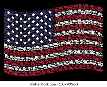 Delivery lorry pictograms are organized into waving USA flag stylization on a dark background. Vector concept of America state flag is combined with delivery lorry elements.