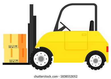 Delivery machine with cardboard box, truck with case, side view of transportation vehicle in yellow color. Logistics worldwide, cargo handling equipment, carriage with kit, import or export vector