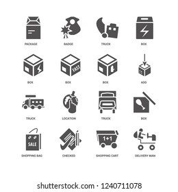 Delivery Man, Add, Box, Shopping bag, Package, Truck, cart, Checked, Truck icon 16 set EPS 10 vector format. Icons optimized for both large and small resolutions.