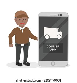 delivery man african with  smartphone delivery app design character on white background