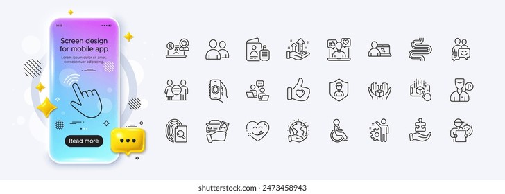 Delivery man, Analysis graph and Teamwork line icons for web app. Phone mockup gradient screen. Pack of Yummy smile, Security app, Rent car pictogram icons. Users, Equality, Hold box signs. Vector