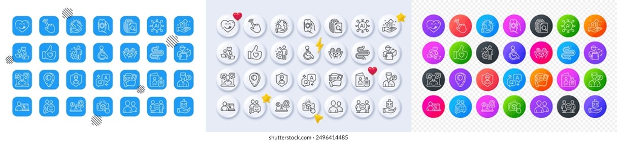 Delivery man, Analysis graph and Teamwork line icons. Square, Gradient, Pin 3d buttons. AI, QA and map pin icons. Pack of Yummy smile, Security app, Rent car icon. Vector