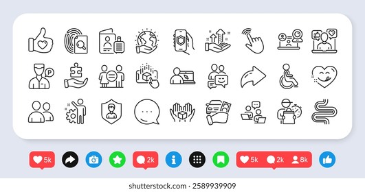 Delivery man, Analysis graph and Teamwork line icons pack. Social media: share, comment, like icons. Yummy smile, Security app, Rent car web icon. Users, Equality, Hold box pictogram. Vector