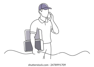 Repartidor que contesta el teléfono mientras lleva paquetes de mano, garabato Ilustración vectorial de arte de línea continua
