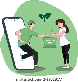 Delivery man appear from phone and deliver back pack to order woman eco green concept eco friendly 