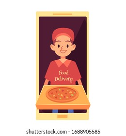 Delivery man appearing from phone screen and holding pizza box cartoon style, vector illustration isolated on white background. Online food order via mobile app, fast delivery