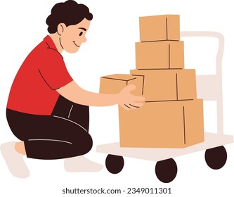 Delivery Man Arrage Packages on Trolley Vector Illustration
