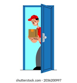 Delivery man arrived with the package at the door flat vector illustration