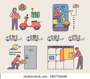 A delivery man asking for directions and delivering. For non-face-to-face purposes, there are boxes or lockers in front of the door. flat design style minimal vector illustration.