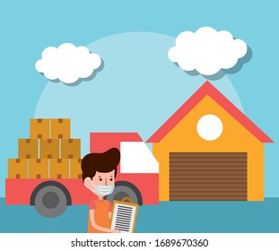 Delivery man ay logistic warehouse with truck holding boxes . Online shopping ecommerce vector illustration. COVID-19 coronavirus concept.