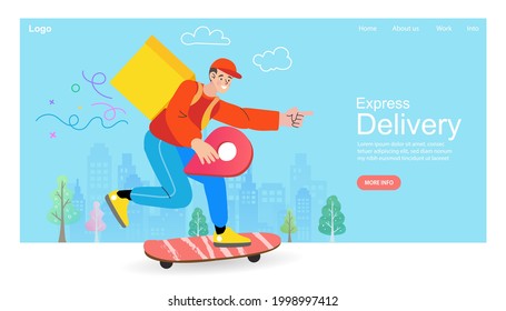 Hombre paradero con mochila en la tabla de patines. Concepto de nutriador. Seguimiento de pedidos en línea. Isolated Vector ilustración para afiche, banner, publicidad. supermercado y restaurantes. Entrega rápida de comida segura.