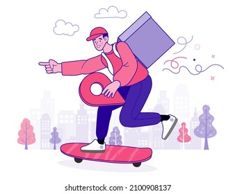 Delivery man with backpack on skate board. Courier concept. Online order tracking. Isolated Vector illustration for poster, banner, advertising. grocery store and restaurants. Fast safe food delivery.