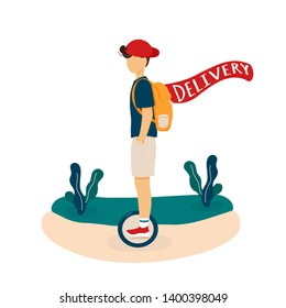 Delivery man with backpack riding mono wheel keeping hands in pockets. Flat modern trendy style.Vector illustration character icon. Isolated on white background. Eco transportation concept.