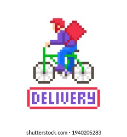 Delivery man with a bag on a green bicycle, pixel art character isolated on white background. Fast food restaurant order mobile app,site icon.Online shopping service symbol. Courier guy on a mission.