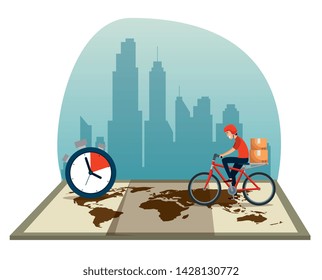delivery man with bicycle and boxes in the global map