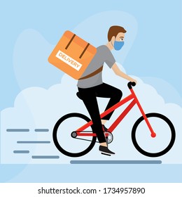 Delivery man in a bicycle. Secure delivery - Vector illustraiton