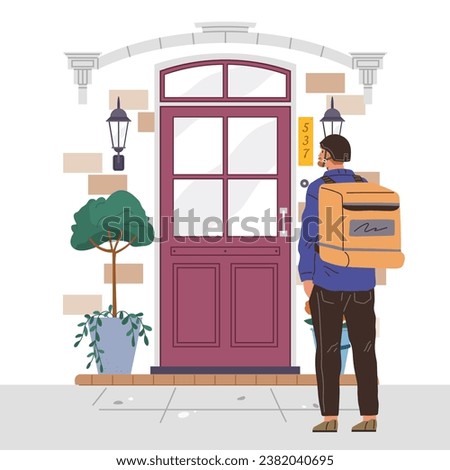 Delivery man with big box standing at clients front door. Courier shipping goods or food to costumers carrying backpack. Online delivery concept, online order tracking, home and office delivery