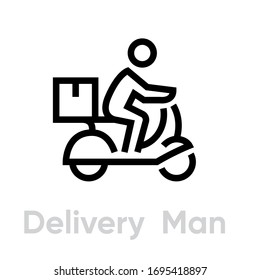 Delivery Man Bike icon. Editable line vector. Sign silhouette of a man on a motorcycle with a cargo, prohibition. Single pictogram.