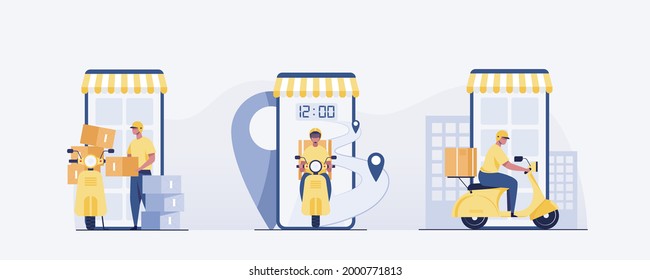 Delivery man with bike motor cycle order by smart phone. illustration vector