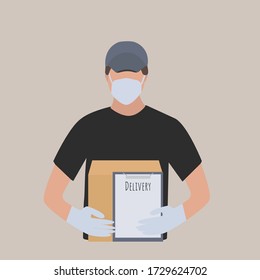 Delivery man in black during the prevention of coronovirus. Contactless delivery concept illustration. Vector flat illustration.