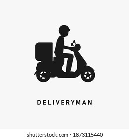 Delivery Man Black Silhouette. Package Courier Icon Sign Or Symbol. Shipment Logo. Fast Food Order. Scooter Or Motorcycle Shipping. Mailman Or Postman. Express Postal Bike Service Vector Illustration.