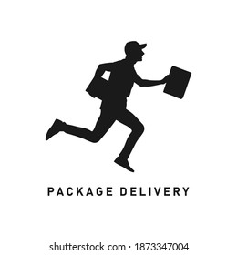 Delivery Man Black Silhouette. Postman Icon Sign Or Symbol. Mailman Logo. Running Courier In A Hurry Holding Package Box Or Parcel. Fast Shipment. Shipping Service. Postal Worker Vector Illustration.