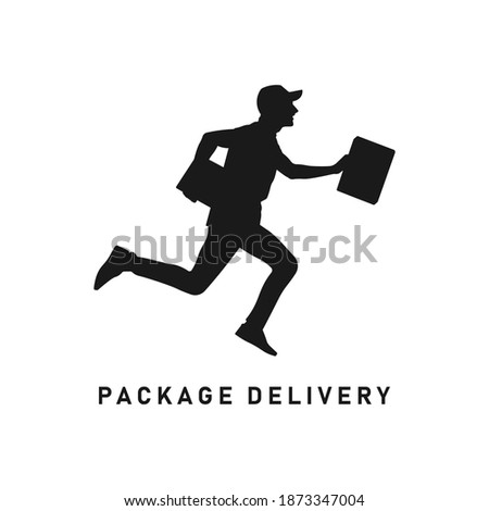 Delivery man black silhouette. Postman icon sign or symbol. Mailman logo. Running courier in a hurry holding package box or parcel. Fast shipment. Shipping service. Postal worker vector illustration.